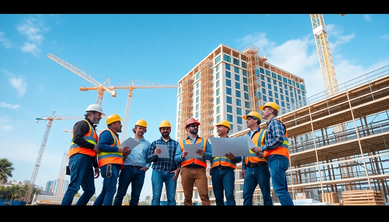 Showcase of Austin construction workers collaborating on a building project, highlighting teamwork.