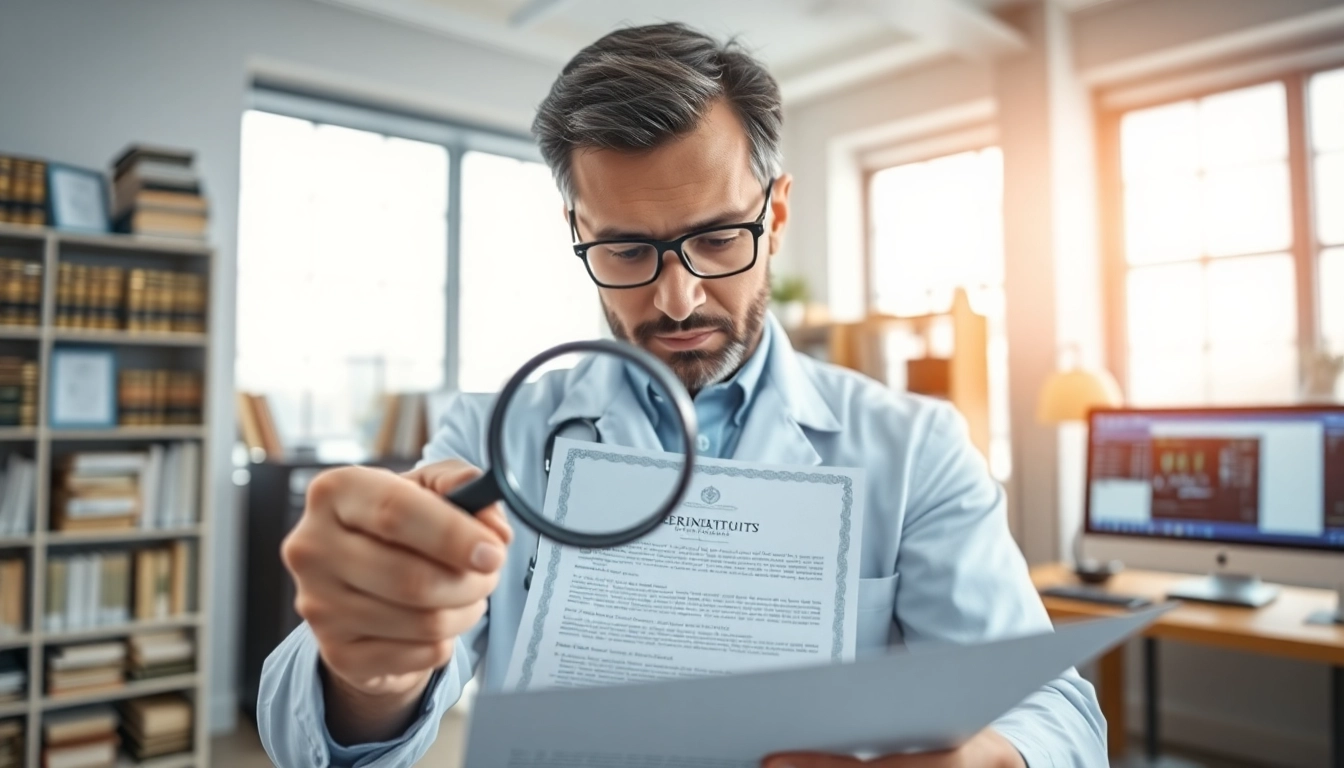 Examine how do I know this document is real with a professional analyzing a certificate in an office.
