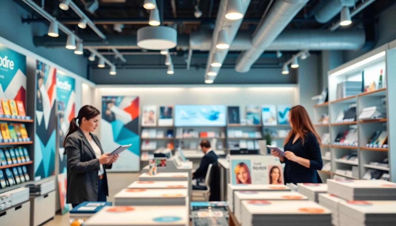 Showcasing printers edmonton alberta, a professional print shop interior with vibrant banners and skilled staff.