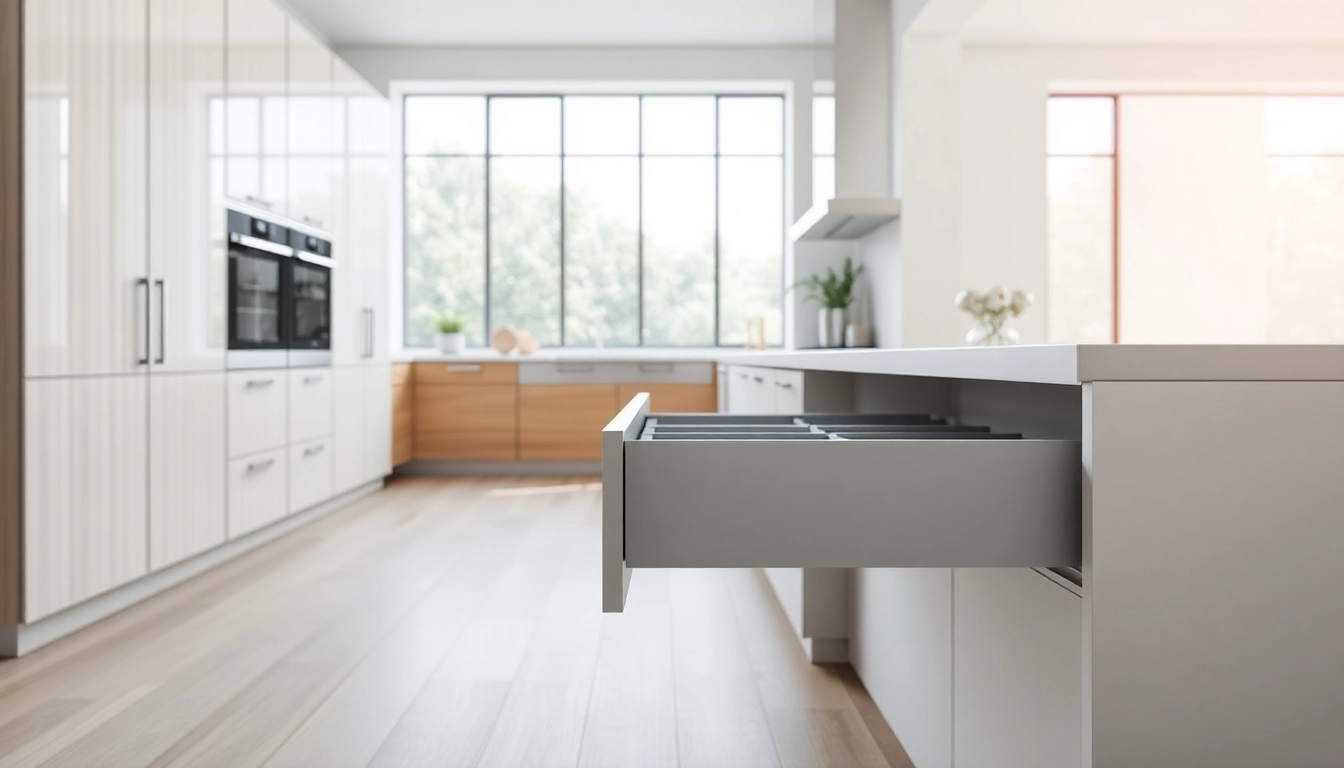 Showcase of a Slim box drawer system integrated in a modern kitchen design