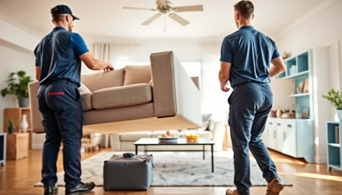 Queens movers expertly navigate furniture in a modern apartment, showcasing reliability and professionalism.