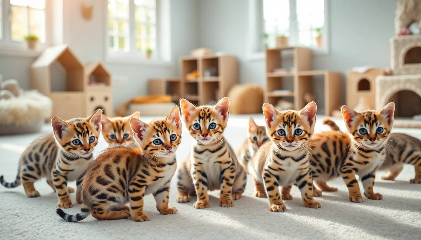 Playful Bengal kittens for sale showcasing unique patterns in a sunny cattery.