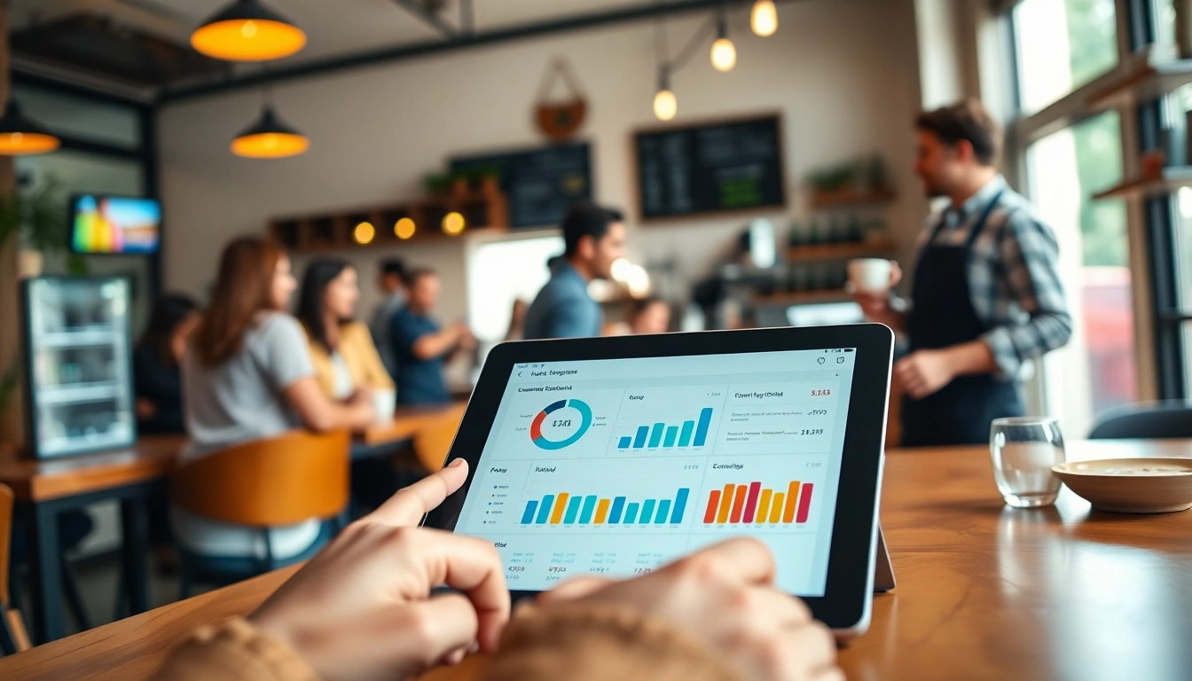 Engaging customer loyalty software dashboard with analytics presented in a coffee shop setting.
