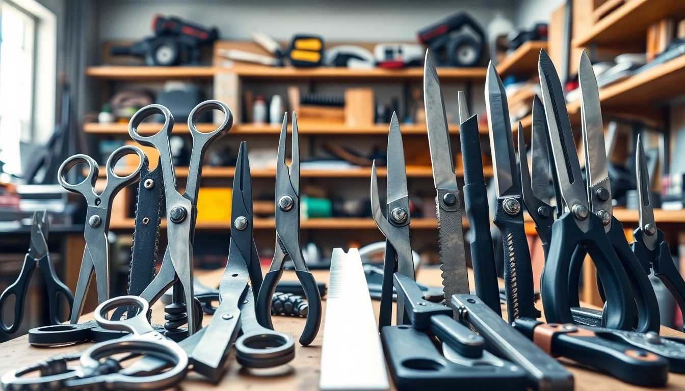 Showcase of cutting equipment including scissors, saws, and utility knives in a workshop.