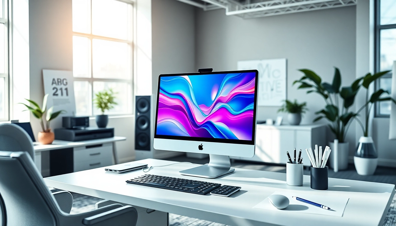 Buy Mac Studio Ultra desktop in a modern workspace with vibrant visuals.
