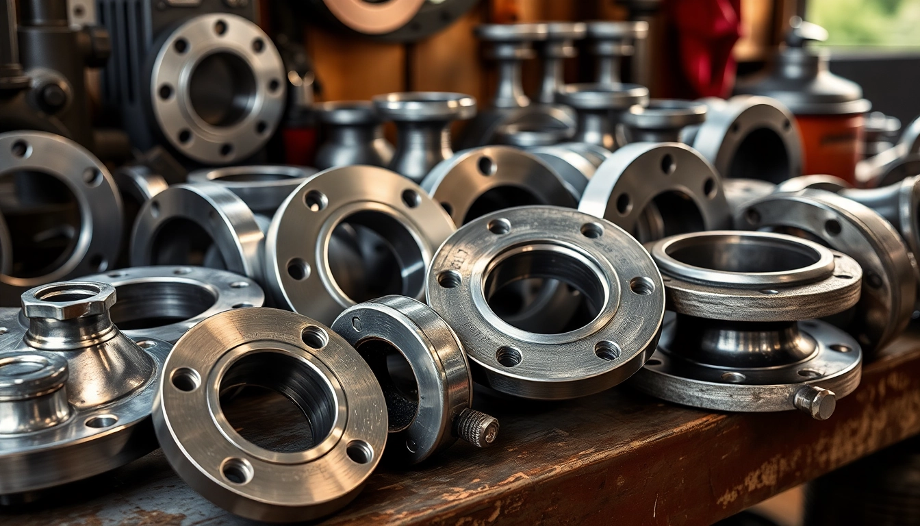 Inspect different pipe flanges on a workshop bench, highlighting their unique designs and robust construction.