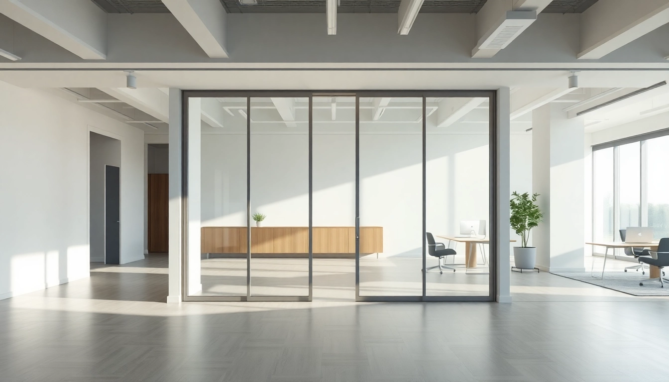 Enhance your space with a sliding partition wall that elegantly divides an open office layout.