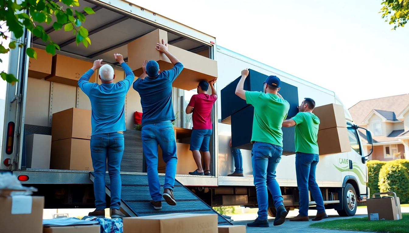 Canadian movers efficiently loading furniture for a residential move in a sunny suburban setting.