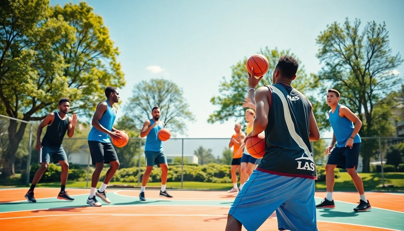 Engaged basketball training programs featuring athletes practicing teamwork and skills outdoors.