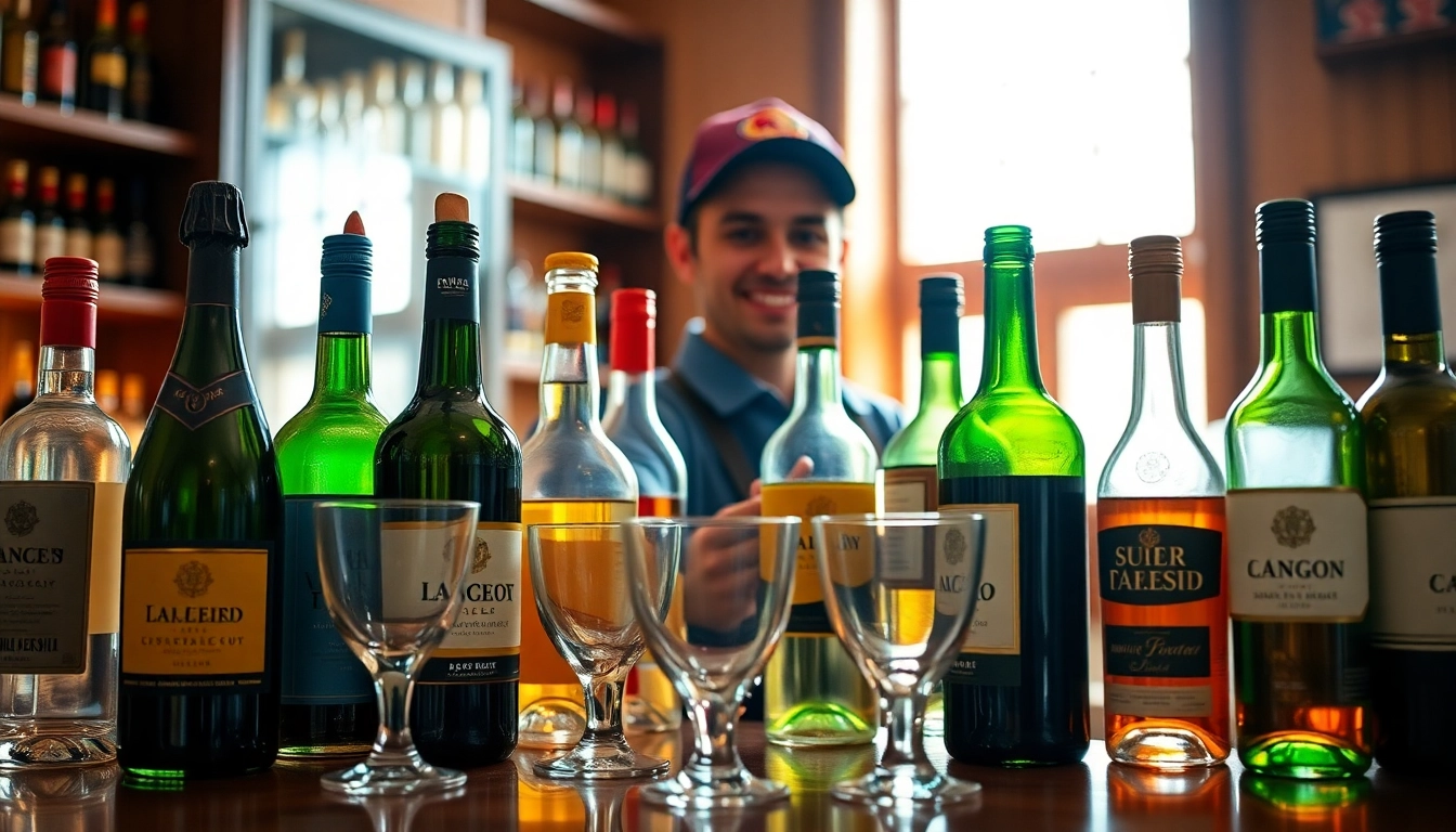 Experience lcbo delivery Toronto with a friendly delivery person showcasing diverse drinks at a stylish bar.