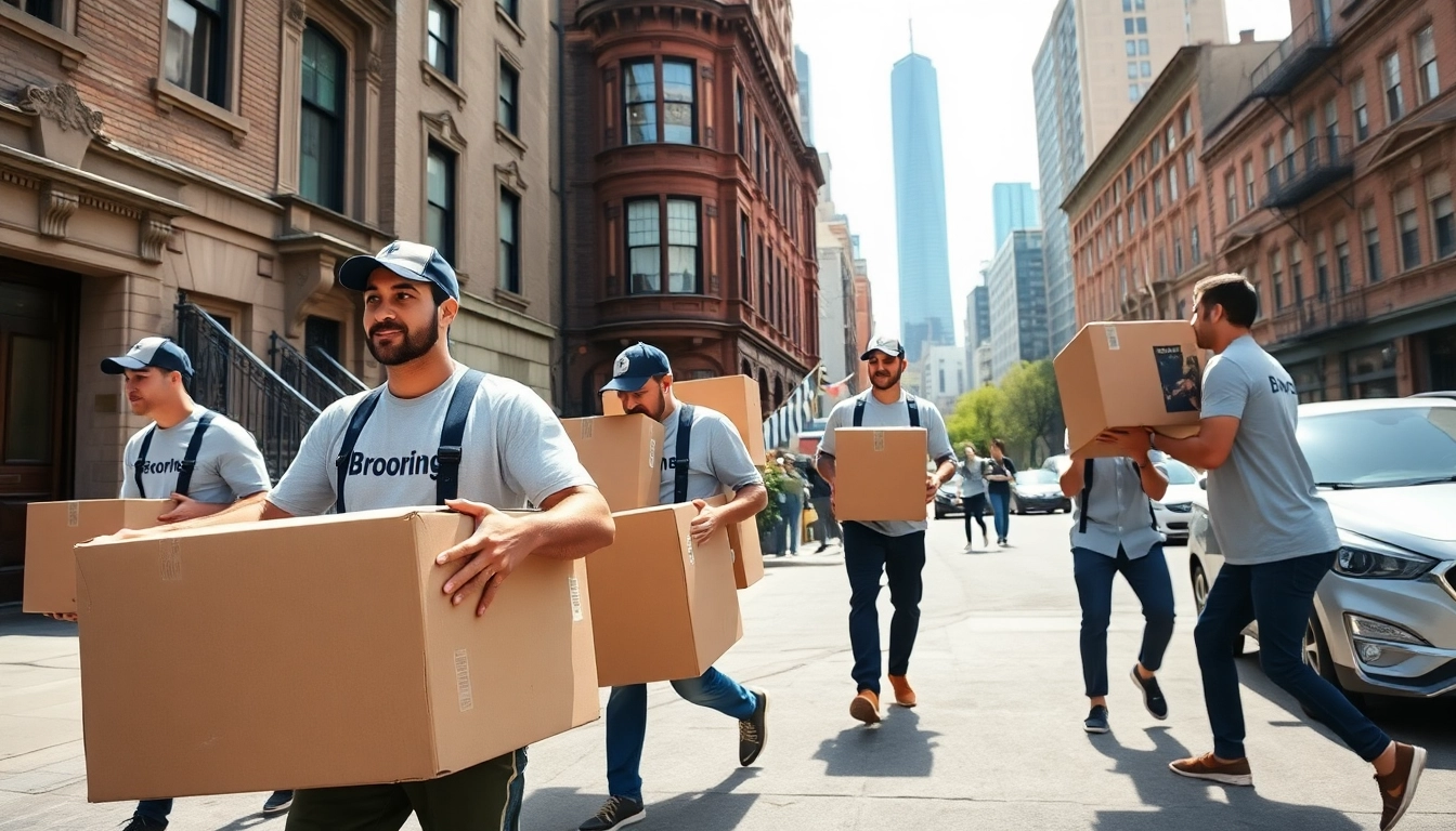 Brooklyn movers efficiently relocating furniture and boxes in a vibrant urban setting.
