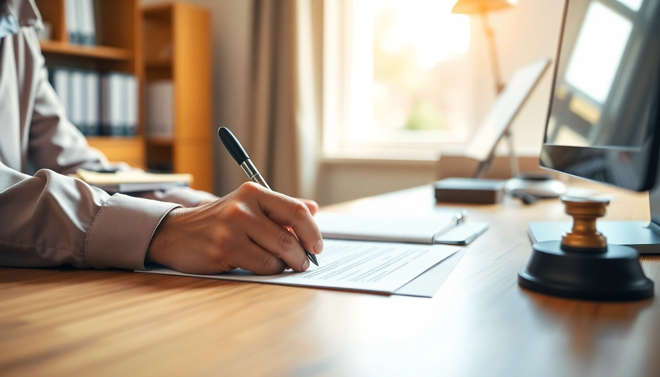 Person certifying a document without a lawyer using organized papers and a notary stamp.