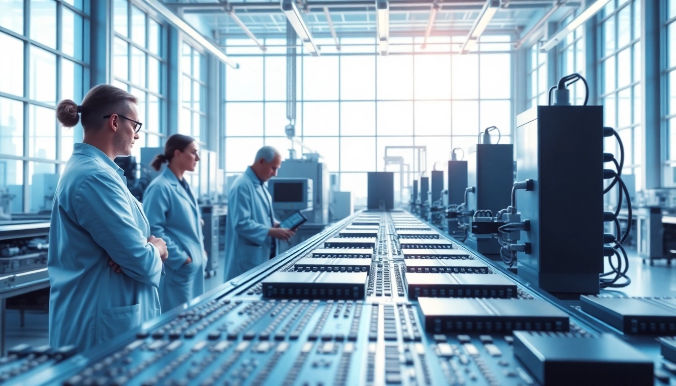 AMERICAN microchip engineers analyzing sophisticated technology in a bright factory.