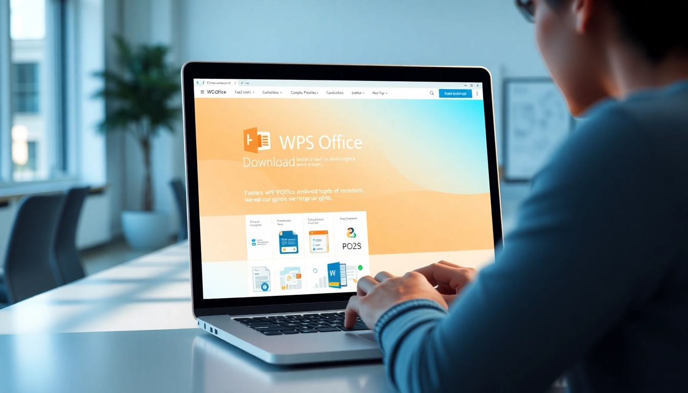 Download WPS Office with a user focused on installing the software on a sleek laptop.