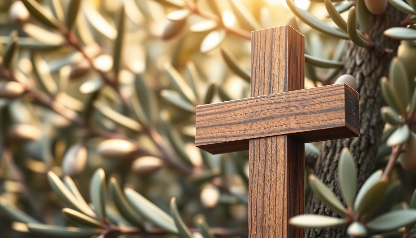 Admire the intricate Jerusalem crosses showcased against an olive tree backdrop, symbolizing faith and heritage.