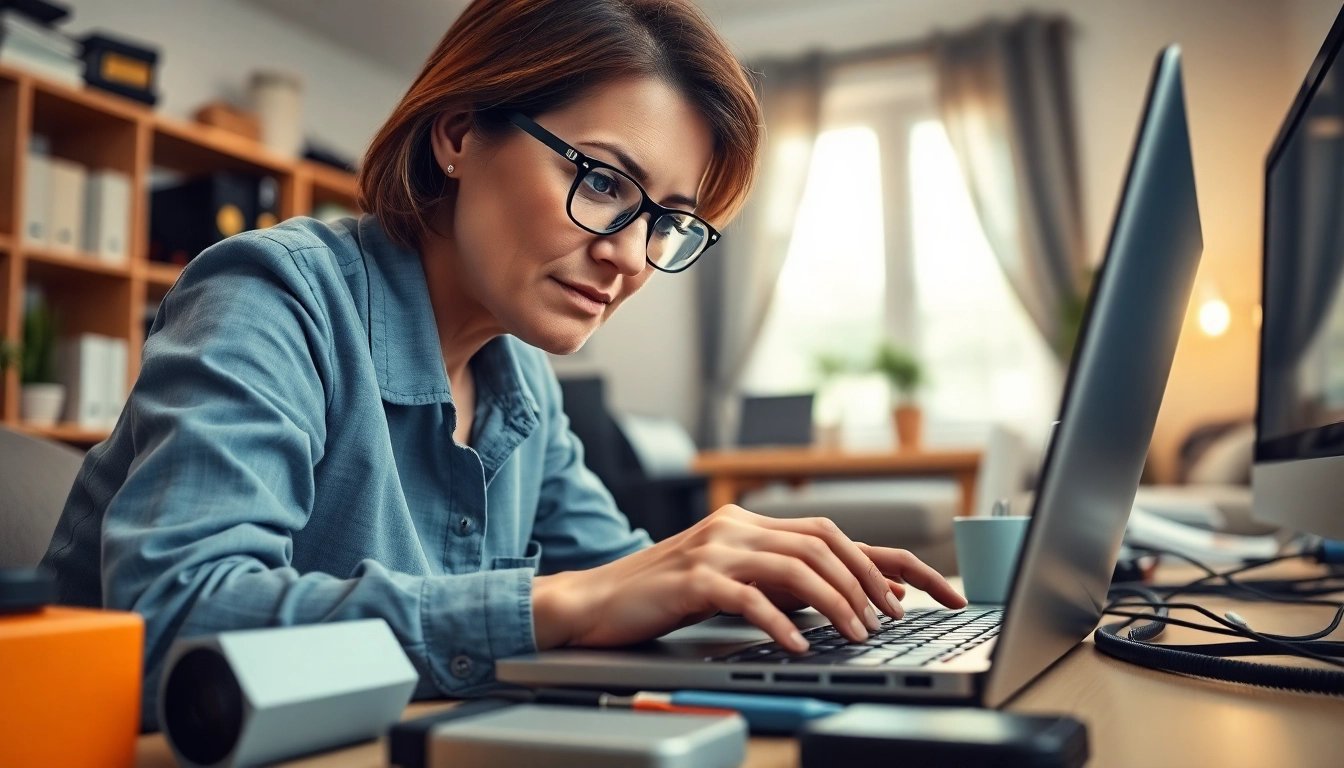Providing expert computer help in a home office with a focused technician.