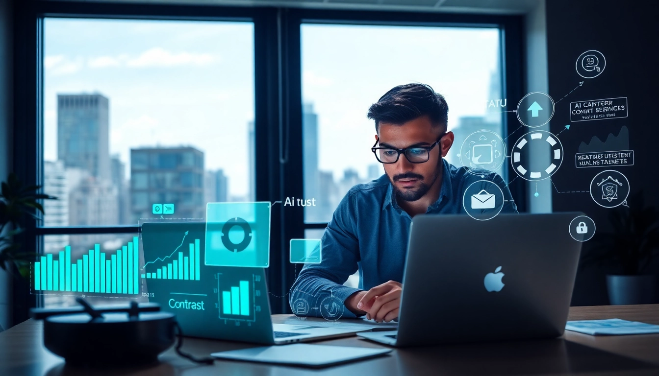 Engage with an AI content marketing platform in a professional workspace setting, showcasing digital marketing tools.