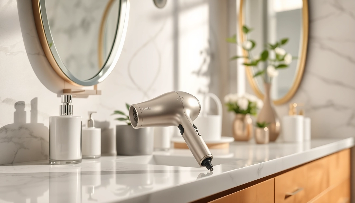 Streamlined Laifen hair dryer showcasing its sleek design and features in a stylish bathroom setting.