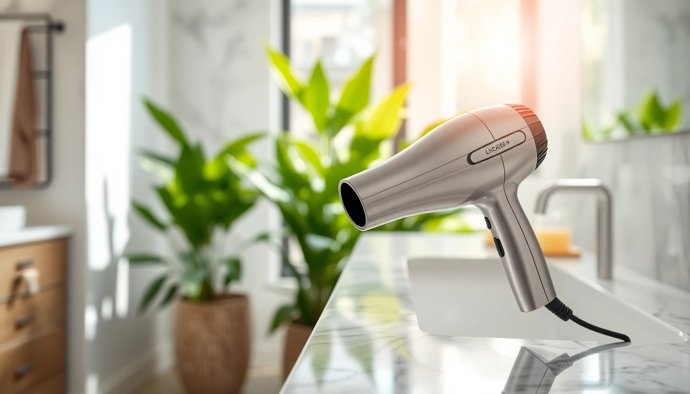 Users styling hair with a high-quality hair dryer in a chic bathroom setting.