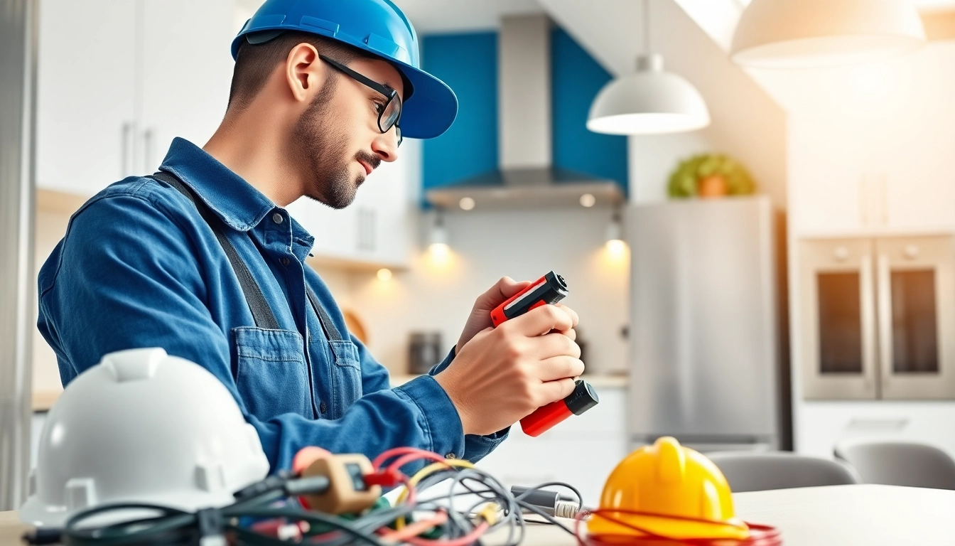 Electrician installing lighting fixtures while showcasing professional skills and modern tools.