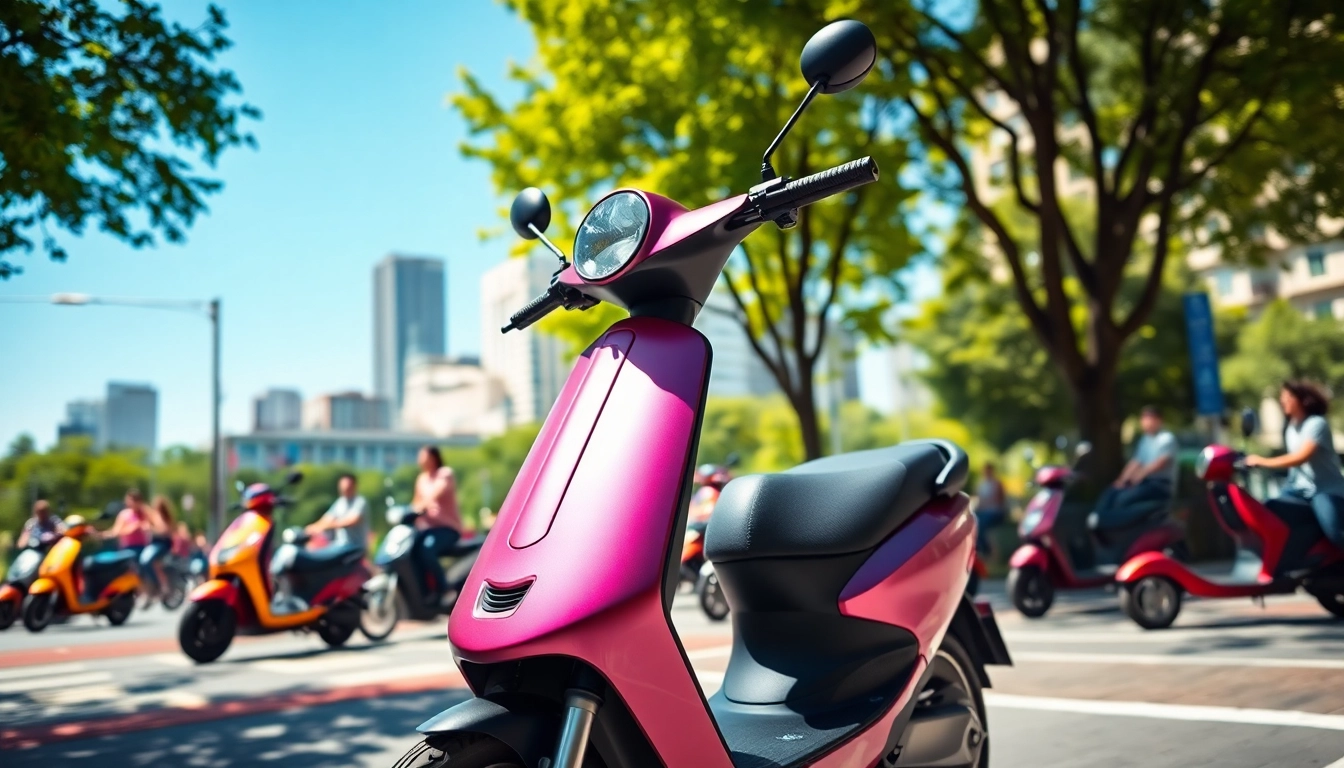 Riding an electric scooter through a vibrant city street, showcasing urban mobility.