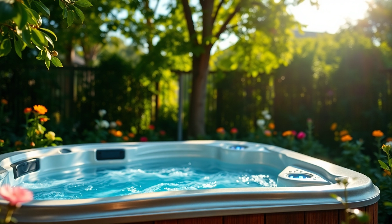 Relaxing hot tub in a serene outdoor garden with vibrant flowers and greenery.