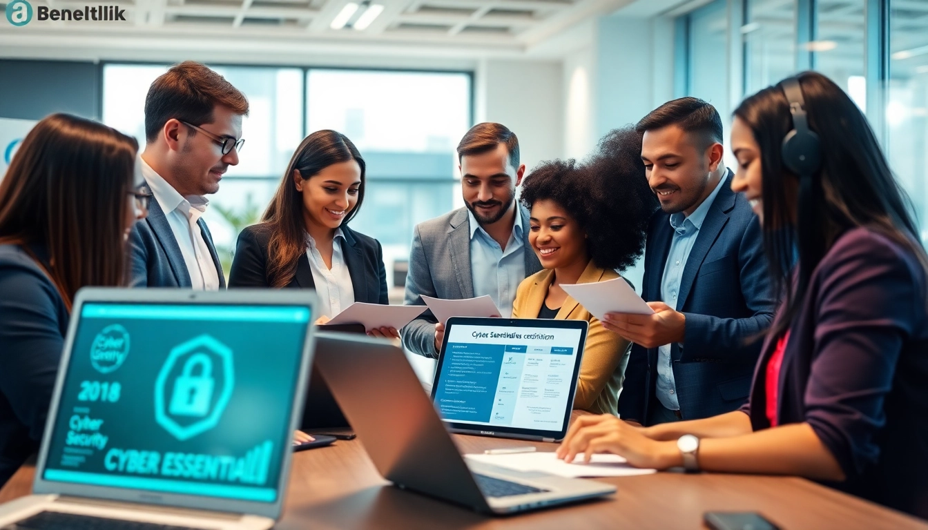 Cyber Essentials certification discussion among a diverse cybersecurity team in a modern office.