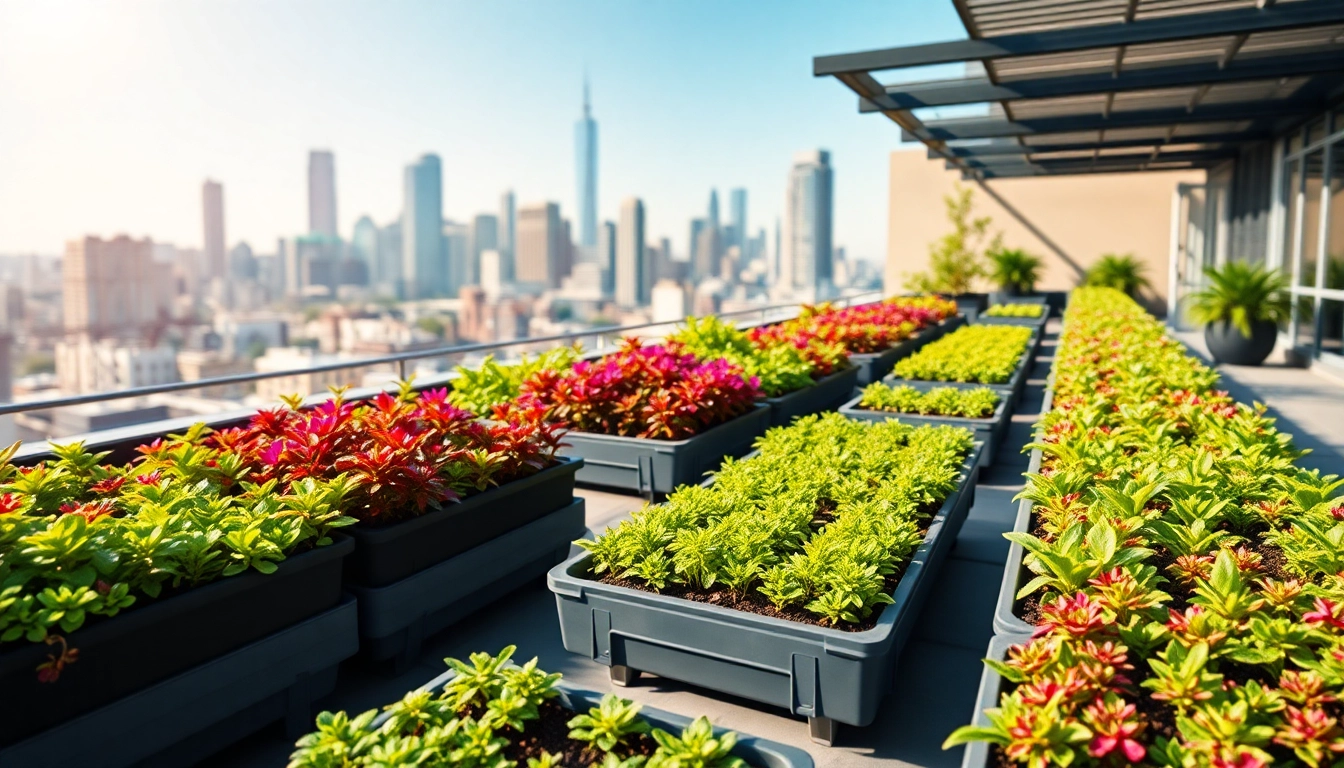 Showcase of Green Roof Trays filled with diverse plants in an urban setting.
