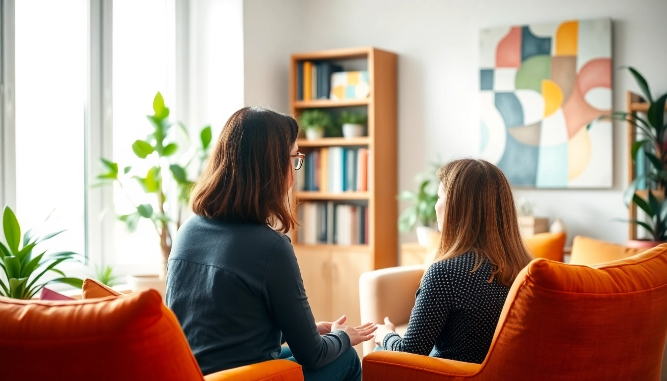Psychologist engaged in a supportive conversation in an inviting office setting.