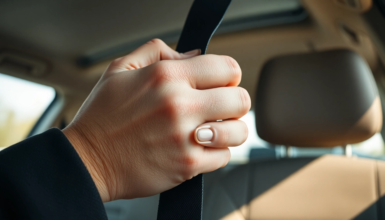 Fasten des Sicherheitsgurtes in einem Auto mit einem Fokus auf die Hände.