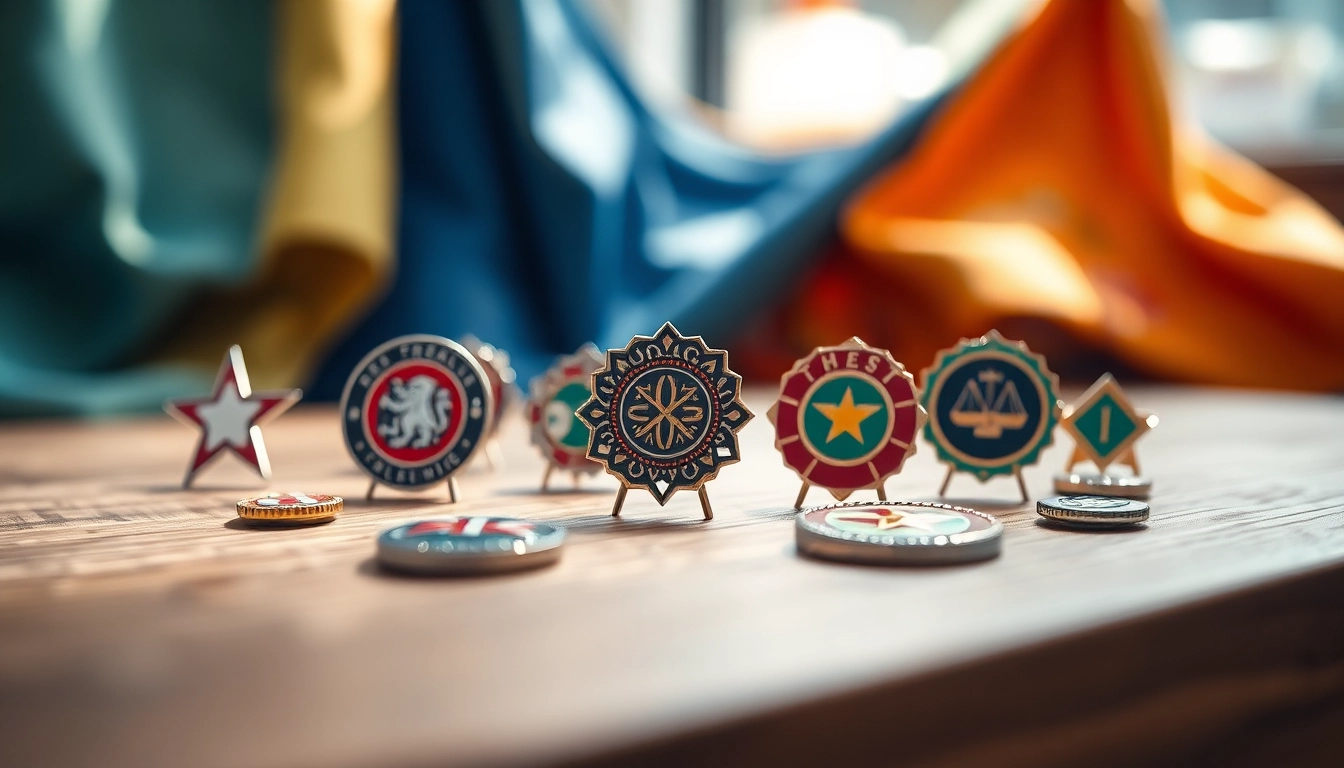 Showcase unique custom pins with vibrant designs and quality craftsmanship on a table.