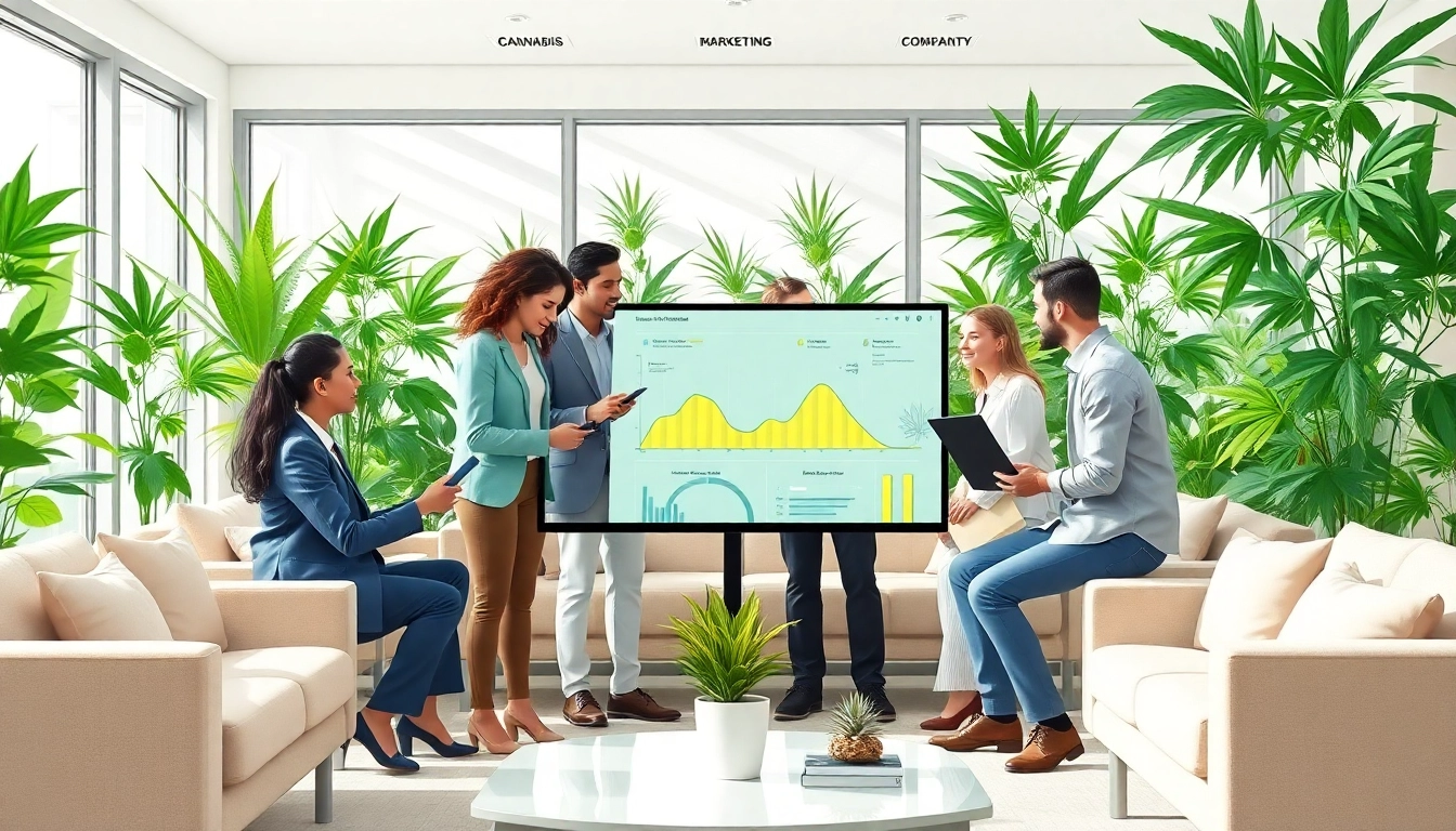 Cannabis marketing agency team collaborating in a vibrant office environment.