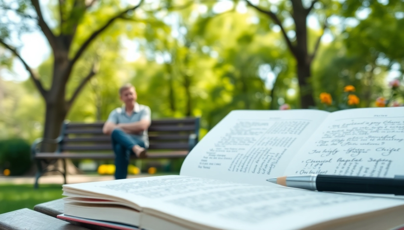 Reflective moment while dealing with grief in a park, highlighting a journal and calm nature.