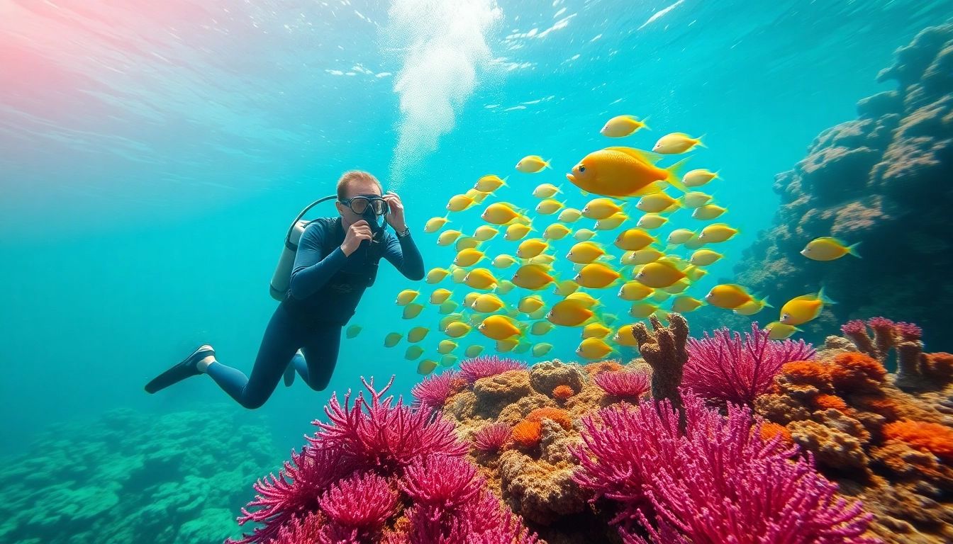 Experience thrilling Bali Diving underwater with divers among vibrant coral reefs.