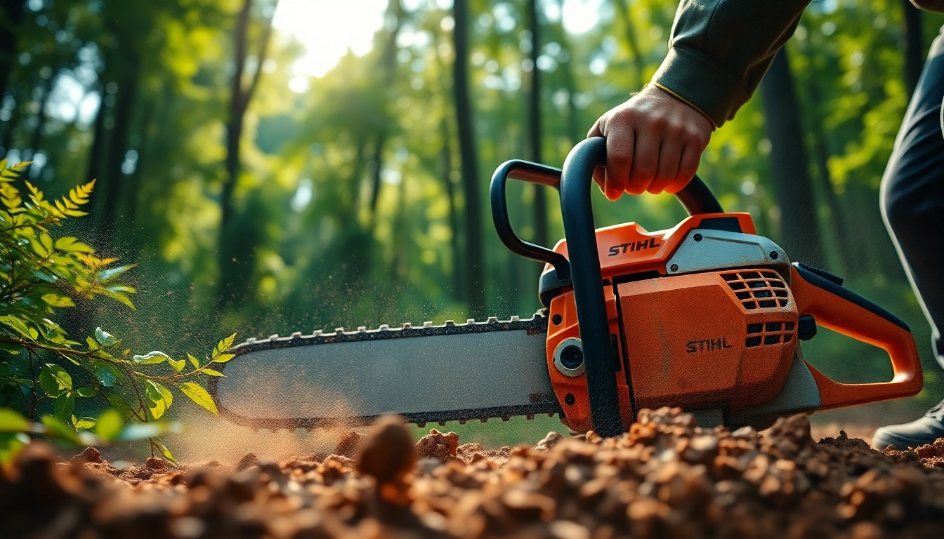 Stihl-Kettensäge im Einsatz zeigt umfassende Effizienz in einem lebendigen Wald.