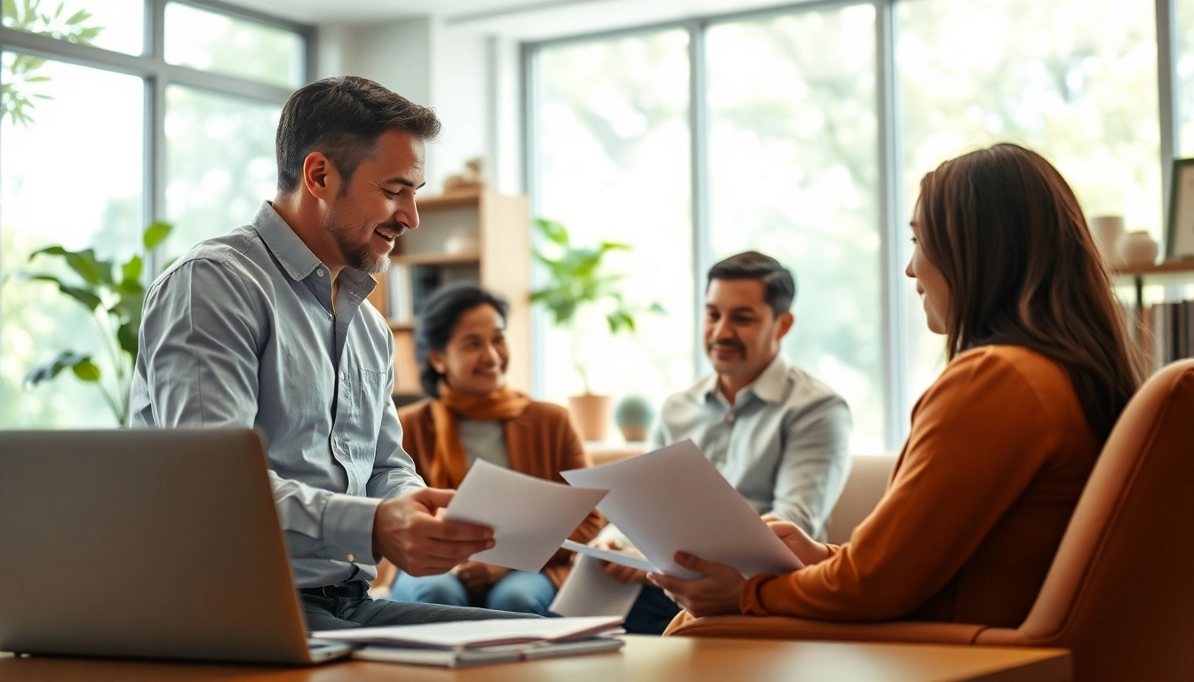 Immigration Consultant guiding a family through the immigration process in a welcoming office.