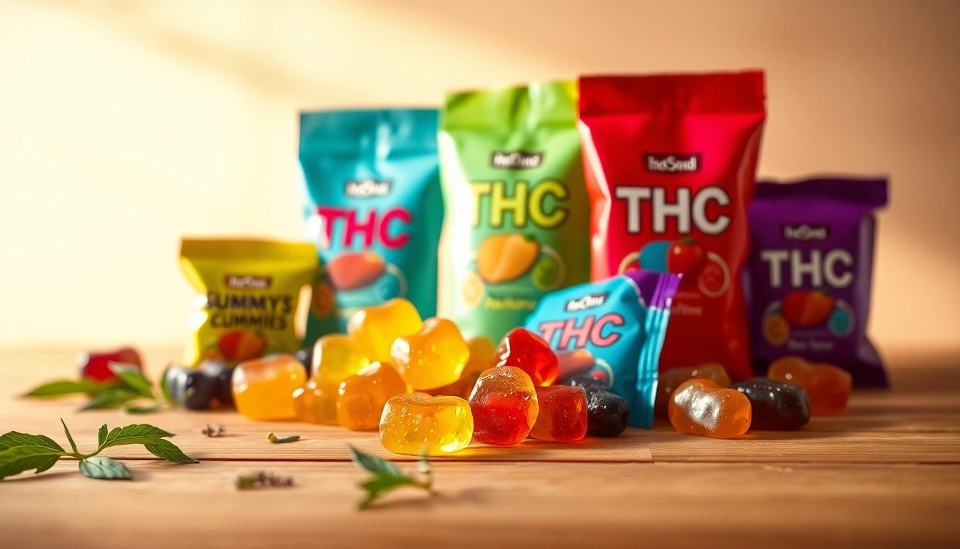 Enticing THC gummy delivery featuring colorful, assorted gummies on a wooden surface.