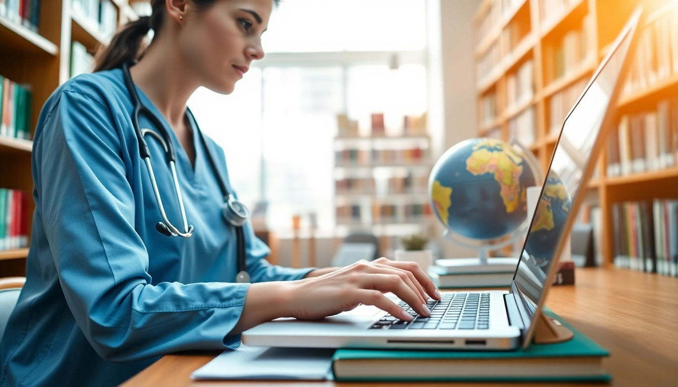 Nurse engaging in online nursing ceus courses amidst a library setting.