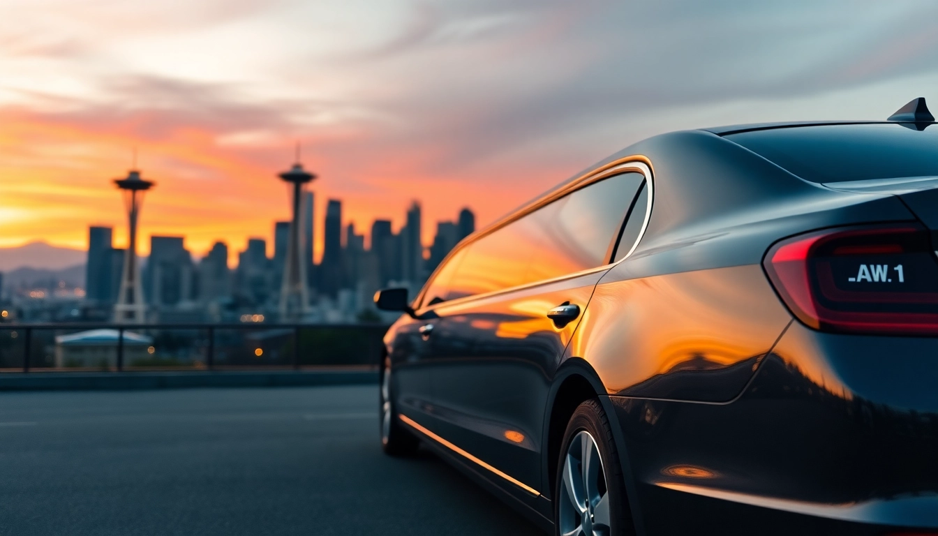 Experience Vancouver to Seattle Car Service with a luxurious limousine against a vibrant Seattle skyline.