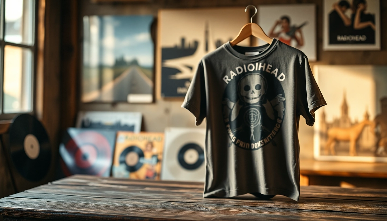 Showcase a unique radiohead shirt on a vintage table with iconic band designs and artistic elements.