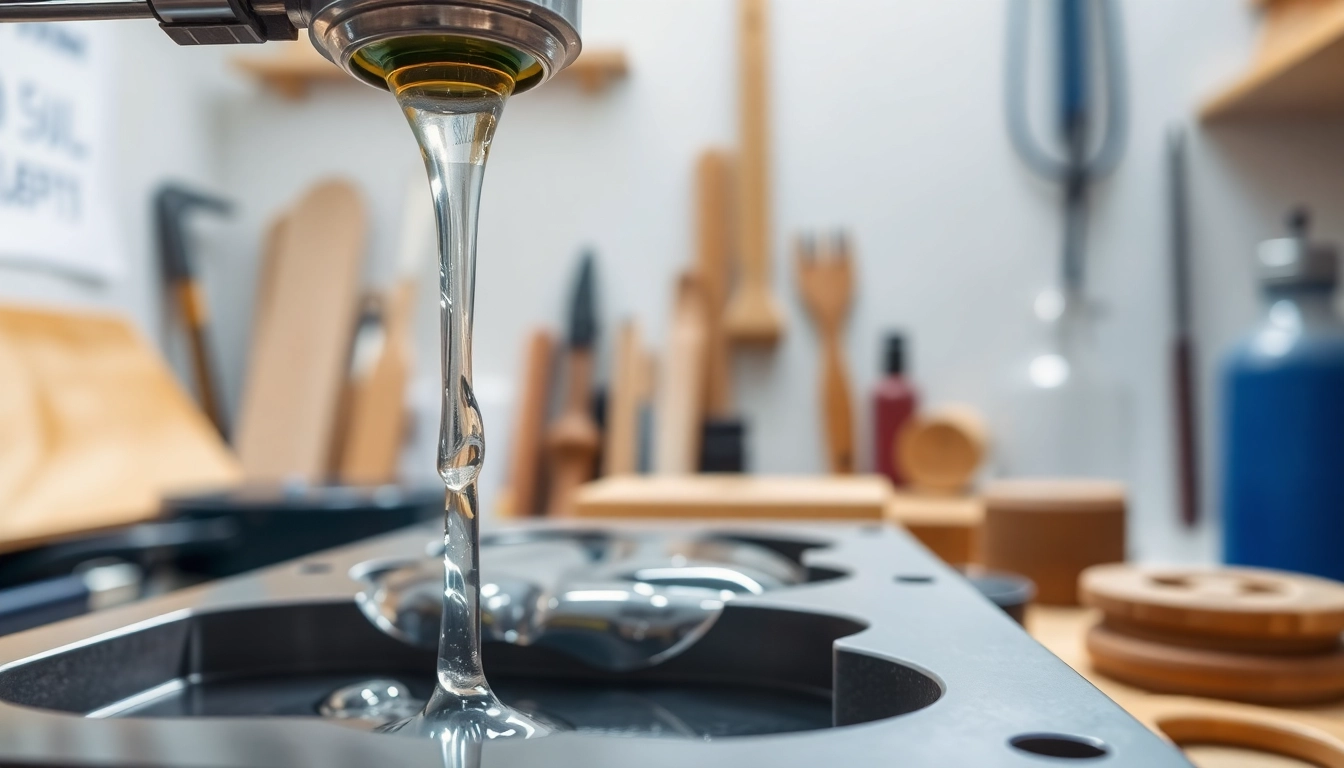 Pouring infusion resins into a composite mold in a well-organized workshop environment.