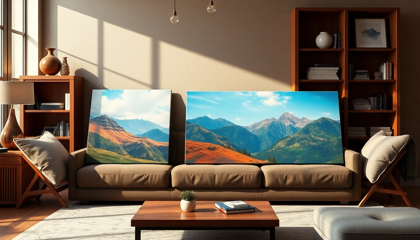 Showcase stunning canvas prints enhancing a cozy living room with vibrant landscape art.