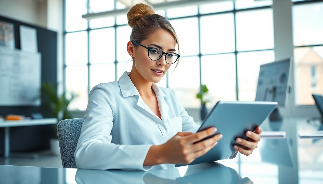 Calculate percentages with a female mathematician using a Percentage Calculator in a modern office.