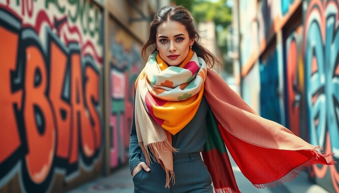 Showcase vibrant scarves worn by a model against an artistic urban backdrop, highlighting fashion and style.