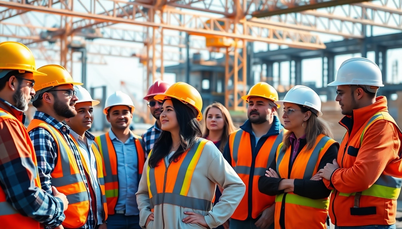 Engaged professionals in careers in construction collaborating on a vibrant job site.