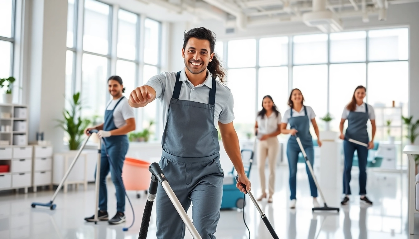 Städservice i Halmstad med professionellt team som städar i ett modernt kontor.