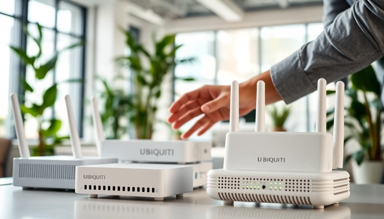 Install Ubiquiti networking devices in a modern office with a technician configuring equipment.