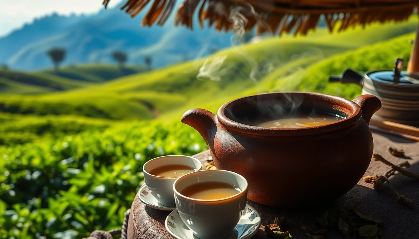 Brewing Nepal tea with vibrant character in a traditional pot against lush green tea fields.