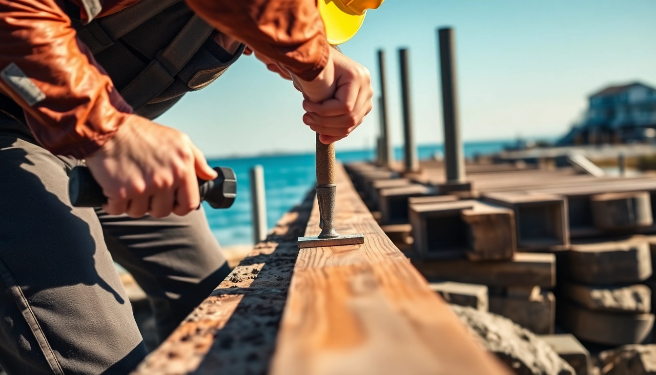 Contractor engaged in bulkhead repair with a waterfront backdrop, showcasing expertise and tools.