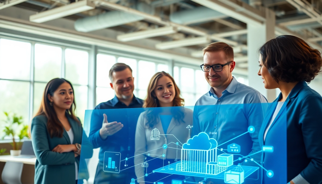 Engagement of a team discussing Cloud infrastructure and DevOps services in a modern office setting.